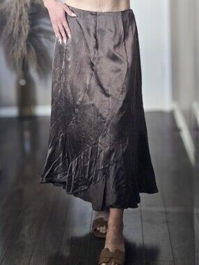 WinterSilks Vintage 100% Silk Brown Midi Skirt Size L Bohemian Summer Western